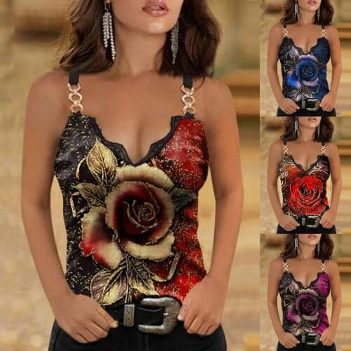 Ladies Fashion Casual Realism Big Rose Printing Deep V-neck Sexy V-neck Camisole Chain Top Sleeveless All-match Sexy Girls Vest