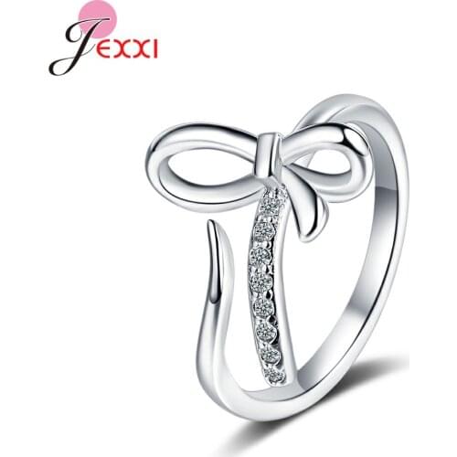 Korean Fashion 925 Sterling Silver Jewelry High Quality Zircon Bow Knot Open Ring For Women Adjustable Size Bowknot Ring