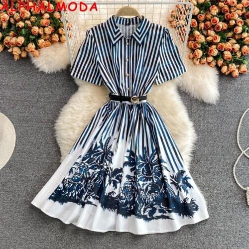 ALPHALMODA Europe Station Print Dress Summer New Womens High End Brand Turn-down Collar Belted Strip Floral Fashion Dress