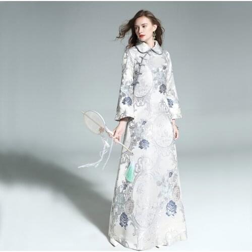 2021 Spring Autumn Long Dress Chinese Style Evening Dress Jacquard Pencil Dresses Brocade Party Evening Women Clothing Floral