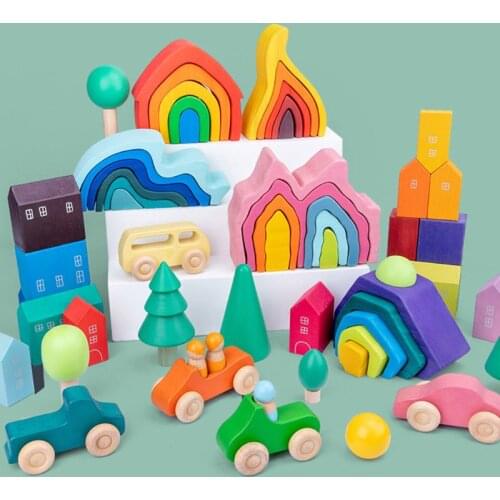 1Set Kids Forest Colorful Building Blocks Wooden Toys Rainbow Cars Simulation Tree Play Educational Gifts