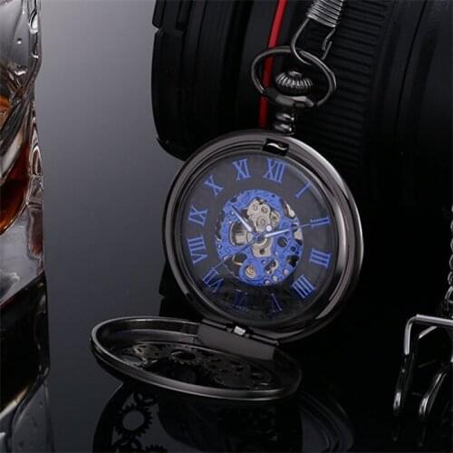 10pcs/lot High Quality Hollowed Black Gear Mechanical Pocket Watch Blue Roman Dial Skeleton Mens Pocket Watch Christmas Gift