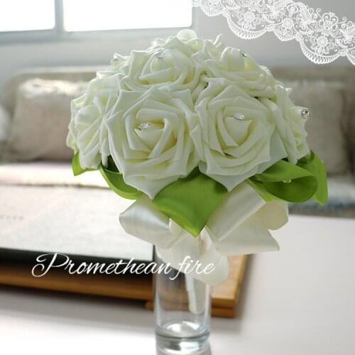 2pcs White simulated PE rose + Rhinestone Korean Wedding Photo Props Wedding Bridesmaid forever rose silk flowers for home
