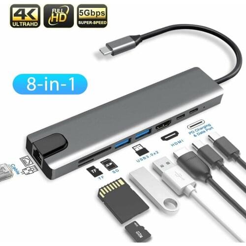 8 in 1 Typt-C USB Type C To HDMI RJ45 Gigabit Ethernet Adapter USB 3.0 HUB Dock with Card Reader PD Charger 87W 4K Multi Adapter