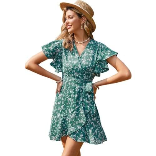 Bohemian Women Polka Dot Printed Summer Dresses V-neck Short Sleeve Bandage Chiffon Mini Dress Casual Boho Beach Sundress