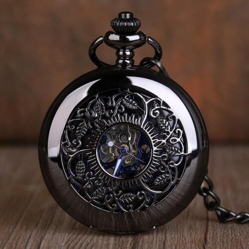Vintage Steampunk Mechanical Pocket Watch Classic Roman Numerals Black Hollow Pocket Watches Men Women Gift Clock with Fob Chain