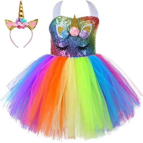 Little Girls Shiny Unicorn Birthday Party Unicorn Dress Girl Rainbow Sequin Top Christmas Dress for Baby Girls Baby Clothes