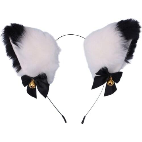 Women Realistic Furry Cat Ears Headband Cute Bowknot Bell Lolita Anime Hair Hoop Contrast Color Plush Animal Cosplay Party