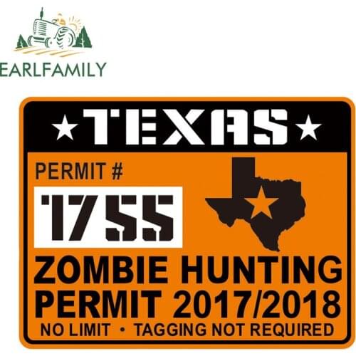 EARLFAMILY 13cm x 9.71cm Texas ZOMBIE Hunting Permit Hard Hat Creative Car Stickers JDM Decal Door Decor Creative Sticker