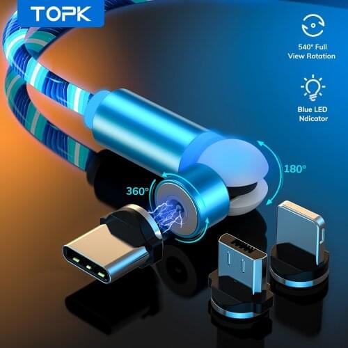 TOPK AM22 Flowing Light LED Magnetic Cable Micro USB Type C Cable Fast Charging Magnetic Charger Cable for iPhone Xiaomi