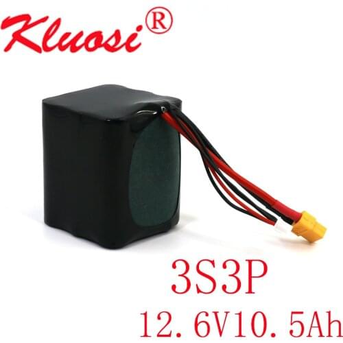 KLUOSI 3S3P 12V 10.5Ah 10Ah High Capacity UAV Rechargeable 12.6V Li-ion Battery for Various RC Airplane Quadrotor XH2.54-4P XT60