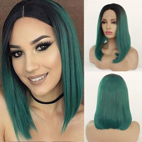 Short bob straight synthetic hair glueless lace front wig heat resistant for black woman 12inch 150%density ombre green wig