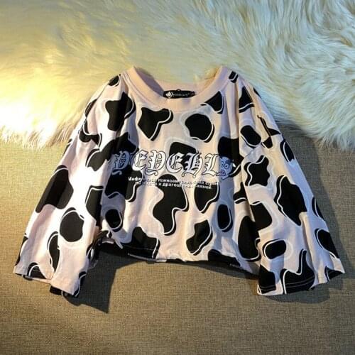 Summer new niche design sense drawstring short cow pattern short-sleeved t-shirt for female students loose and thin top clothes