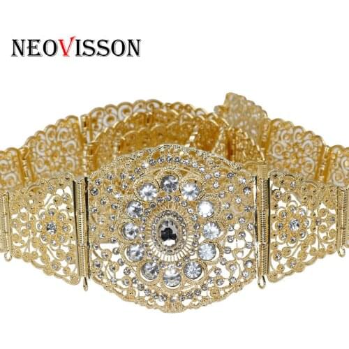 NEOVISSON Gold Silver Color Rhinestone Metal Waist Belt For Women Wedding Dress Body Jewelry Algeria Caftan Hollow Waist Chain
