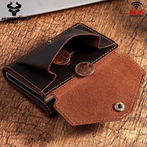 HUMERPAUL Crazy Horse Leather Mens Coin Purse RFID Business Pop up Aluminum Card Holder Anti-theft Bank Cardholder Case New