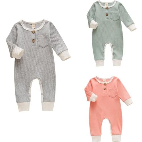Baby Boys Girls Ribbed Long Sleeve Solid One-piece Garment Round Neck and Button Crotch Jumpsuit with Patchwork Pockets in Front