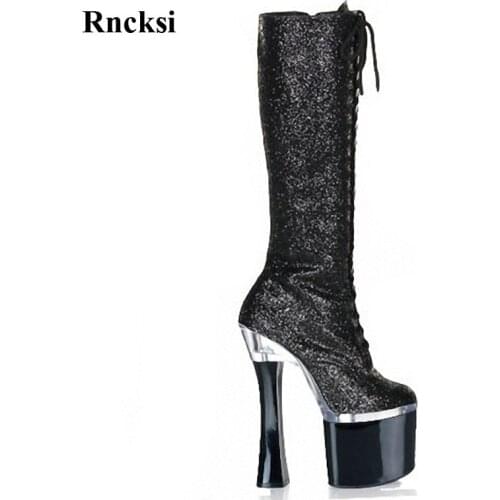 Rncksi Round Toe Boots Party Quee Chick Square Heels Shoes Womens Boots Back Dance Shoes 18cm Heels High Knee High Boots