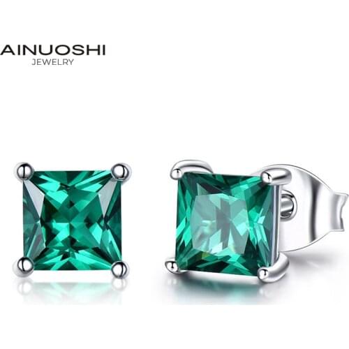 AINUOSHI Square Princess Cut 5x5mm Lab Created Emerald Simple Stud Earrings For Women 925 Silver Jewelry Gifts