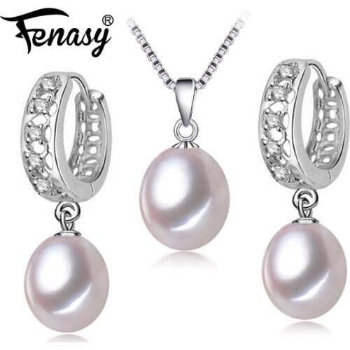 FENASY 925 Sterling Silver Jewelry Sets Natural Freshwater Pearl Drop Earrings Custom Trendy Pendant Chain Necklaces For Women