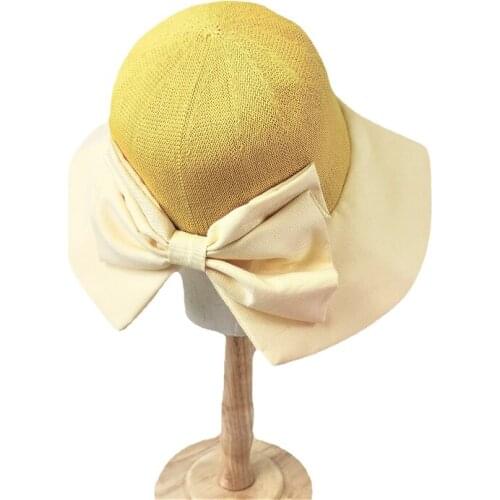 Summer Big Eaves Fishermans Hat Polyester Cotton Bow Beach Sun Hats Adjustable Breathable Children 's Bucket Cap for Girl 's