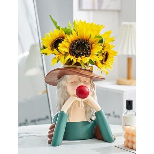 Nordic Cute Girl Sculpture Flower Vase Living Room Simulation Flower Pot Bedroom Bedside Statue Decoration Ornaments Girl Gifts