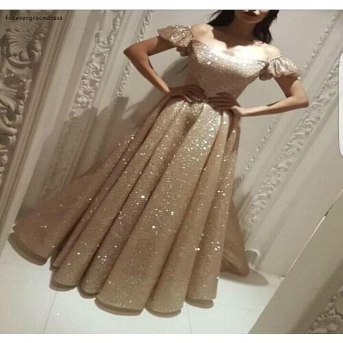 Gold Color Evening Dresses 2019 Saudi Arabia Dubai A Line Off Shoulder Holiday Wear Formal Party Prom Gowns Plus Size