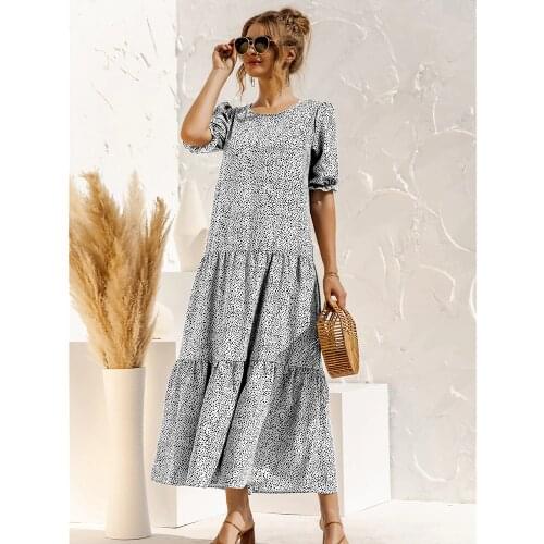 Skirt Womens Summer 2021 Polka Dot Plaid Printed Robe Long Dress Elegant Puff Sleeve Casual Loose Patchwork Holiday Party Dress