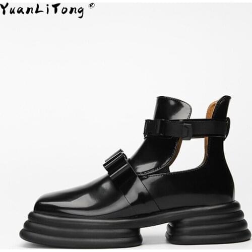 2021 New Autumn Ankle Boots Women Hollow Thick-soled Square-headed Buckle Motorcycle Boots Increase Height Martin Boots