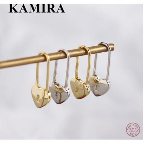 KAMIRA Real 925 Sterling Silver Romantic Geometric Glossy Love Heart Lock Stud Earrings for Women Cuban Unique Jewelry Gift 2021