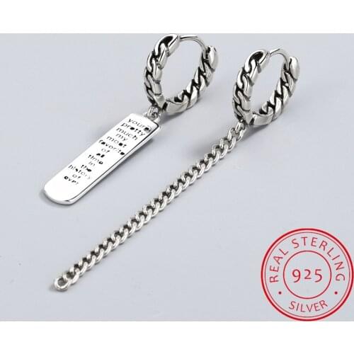 Personality Vintage 925 Sterling Silver Alphabet Letter Square Bar Long Tassel Chain Asymmetric Drop Earring For Women oorbellen