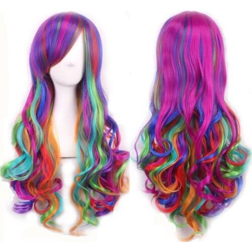 70cm Synthetic Curly Rainbow Mix Color Cosplay Hair 100% High Temperature Fiber Hair Women Cosplay Headwear