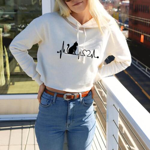 Cat Heartbeat Lifeline Funny Printed 100%Cotton Womens Crop Top Hoodie Ladies Sexy Pullovers Long Sleeve Tops Pet Lover Gift