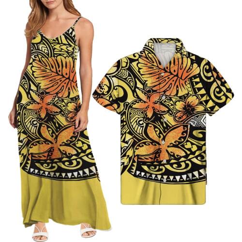 Hycool Polynesian Tribal Print Women Summer Backless Slip Long Dresses Lady Spaghetti Strap Maxi Party Dresses Match Men Shirts