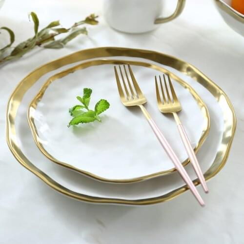 Golden line ceramic plate dessert dish Breakfast plates Table dishes Kitchen organizer Gilded porcelain tableware salad bowl