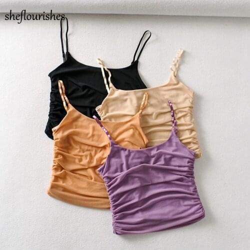 Sexy crop tops women 2020 solid tank top summer spaghetti strap tops u neck backless ruched camis purple beige tops mesh