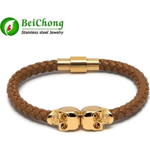 BC High Quality Free Shipping GUN Black Twin North Skull Bracelet Genuine Leather Bracelet Stainless Steel Northskull