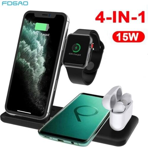 15W Fast Qi Wireless Chargers 4 in 1 Quick Charging Station For Apple iWatch Airpods For iPhone 12 11 8 X XR XS Samsung S21 S20