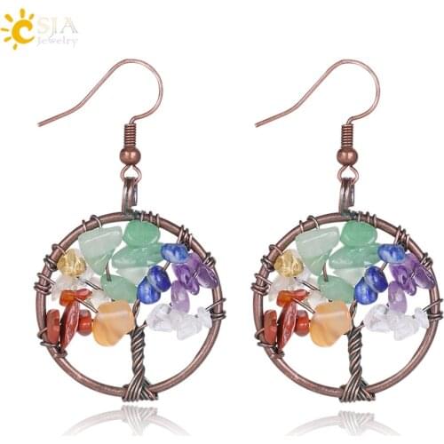 CSJA Wholesale Dangle Earrings for Women Round Tree of Life Ear Drop Natural Chip Stone Bead Reiki 7 Chakra Healing Jewelry E529