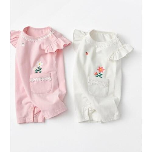 Baby Girl Romper Short Sleeve Summer Onesie Floral Printes Chic Clothes Pink/White Newborn Bodysuits Ruffles Rompers For Twins