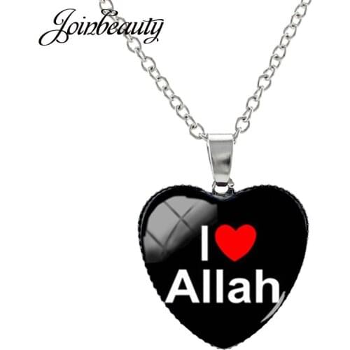JOINBEAUTY I LOVE ALLAH Muslim Pattern Necklaces Heart Shape Glass Cabochon Charms Jewelry For Religious Women Men Gifts NT392