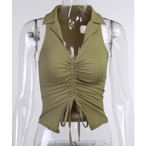 Summer Crop Tops Ruched Drawstring Black Fashion Skinny Elastic Streetwear Deep V-Neck Sexy Sleeveless Tank Top Women