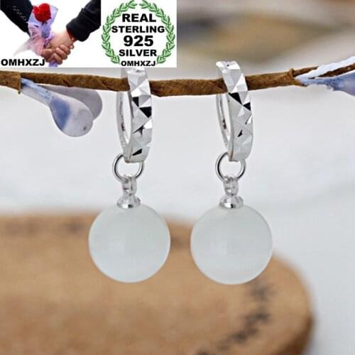 OMHXZJ Wholesale European Fashion Woman Girl Party Wedding Gift White Opal Balls 925 Sterling Silver Drop Earrings EA317