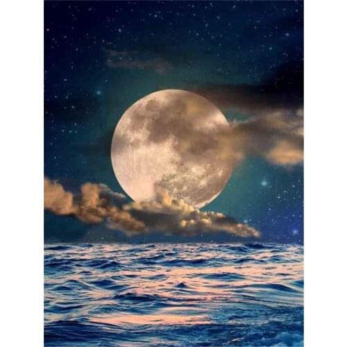 Full Square Drill Diamond Embroidery Mosaic Moon Night Ocean Diamond Painting 5d Landscape Set Home Decor