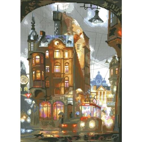 Night scenery cross stitch package city building bus 18ct 14ct 11ct cloth cotton thread embroidery DIY handmade needlework