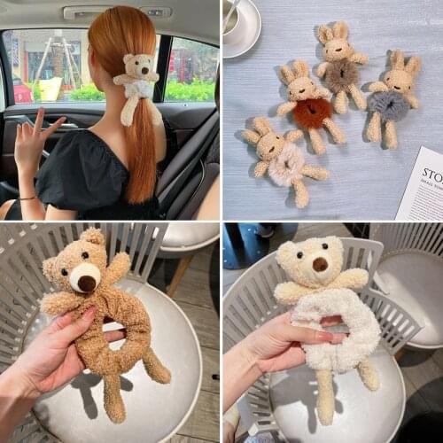 2021 New Trendy Women Girls Cute Plush Bear Rabbit Hair Ring Scrunchie Hair Elastic Hair Bands Headband Fashion Hair Accessories