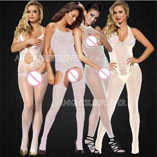 White Sexy Bodystockings Lingerie Bodysuit Underwear Women Fishnet Open Crotch catsuit Mesh Tights Erotic Babydoll Teddies
