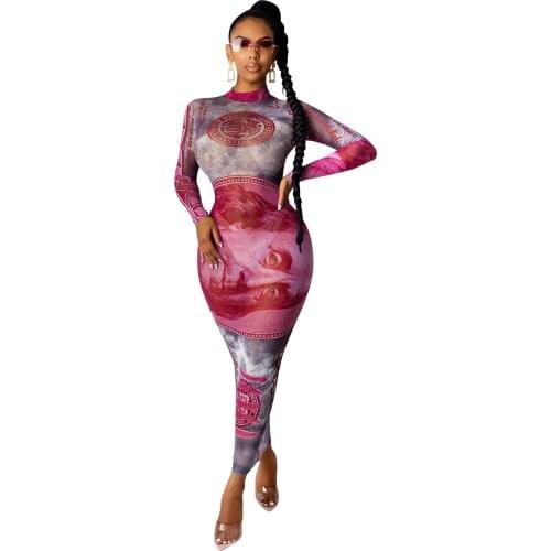 Zoctuo Mesh See-Through Maxi Dress Autumn Fashion Money Print Sexy Bodycon Dress Long Sleeve Dress Club Paety Dresses For Women