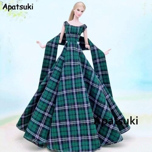 Green Plaid High Fashion Wedding Dress for Barbie Outfits Clothes Scarf Big Evening Dresses Party Gown 1/6 Doll Accessories Toys