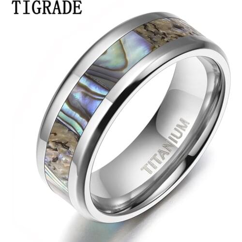 Tigrade 6/8mm Titanium Ring for Man Abalone Shell Inlay Ring Polished Finish Beveled Brand Wedding Band Couple Ring anel masculi