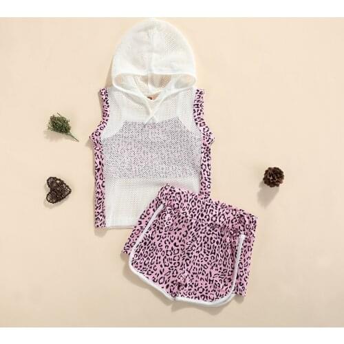 FOCUSNORM 3pcs 1-6Y Summer Fashion Kids Girls Clothes Sets Mesh Hooded Tops Leopard Vest Shorts Outfits